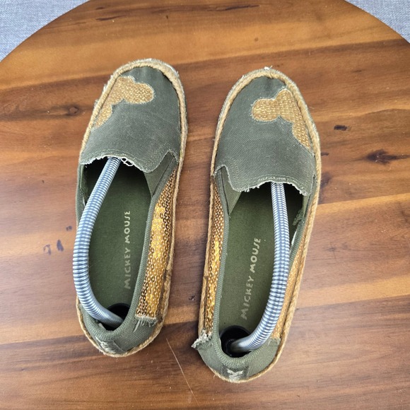 Disney Mickey Mouse Olive Green Sequin Espadrille Slip On Shoes Size 8 - Picture 10 of 15